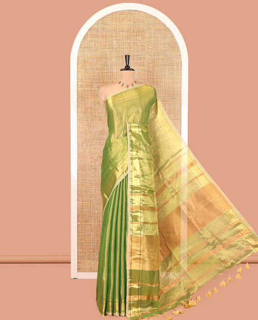 Green Plain Khadi Tissue Saree, a Gleaming Zari Bavanji Border, Golden Zari Striped Pallu, and Paired with a Matching Blouse