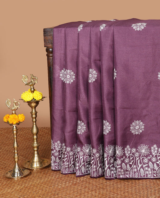 Wine color  thread embroidery kotta cotton saree with embroidery border & self pallu along with plain blouse