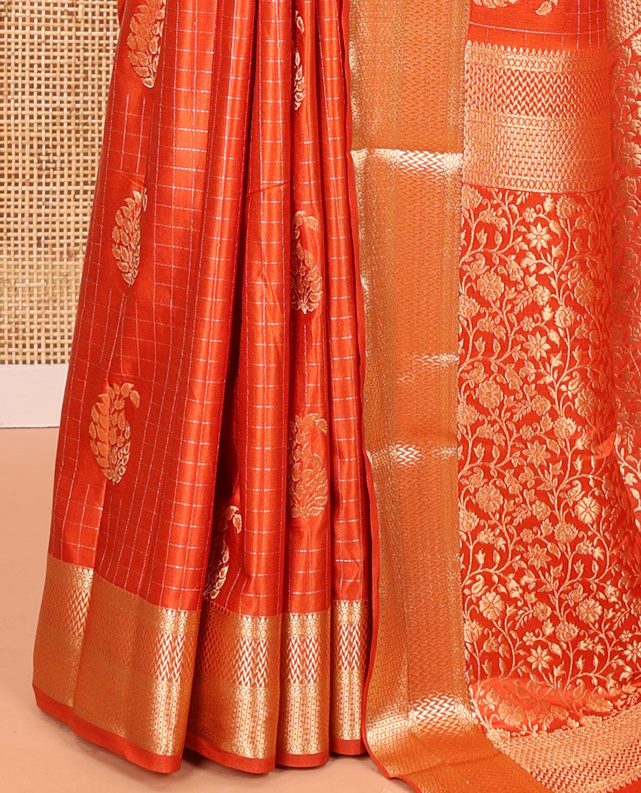 Orange Satin Silk Saree, Enriched with Paisleys and Zari Checked Design on Its Body, Highlighted by Zari Traditional Design Border, Floral Jaal Pallu, and Paired with a Matching Blouse