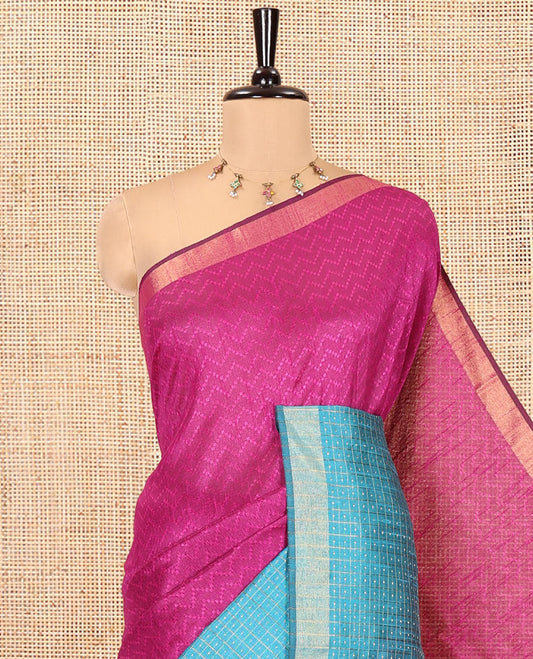 Magenta Semi-Raw Silk Saree, Delicately Woven with Zig-Zag Stripes All Over Its Body, Complemented by Contrast Border of Butta Enclosed Checks, Striped Pallu, and Paired with a Contrast Blouse