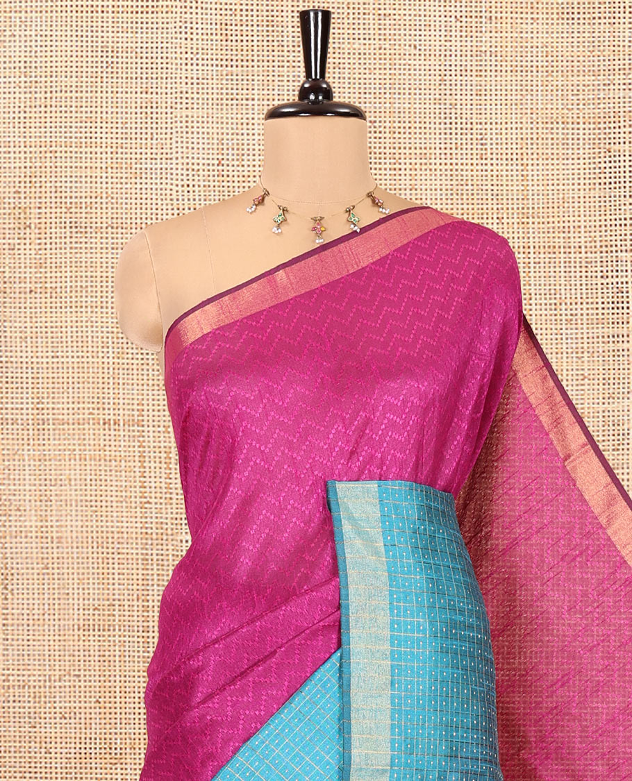 Magenta Semi-Raw Silk Saree, Delicately Woven with Zig-Zag Stripes All Over Its Body, Complemented by Contrast Border of Butta Enclosed Checks, Striped Pallu, and Paired with a Contrast Blouse