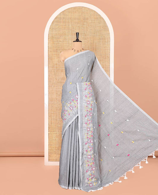 Borderless Grey Khadi Cotton Saree, Delicately Woven with Flower Motifs Embroidery All Over Its Body, a Self-Pallu, and Paired with a Matching Blouse