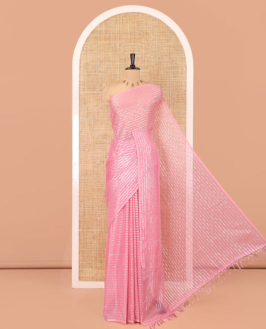 Borderless Onion Pink Chiffon Saree, Gleamed Up with Horizontal Stripes on Its Body, a Self-Pallu, and Has No Blouse