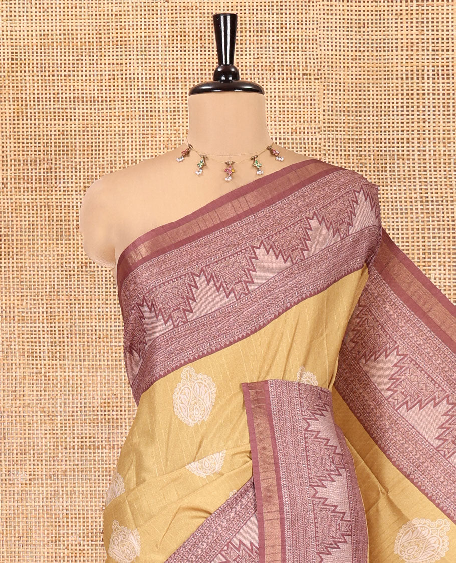 Mustard Katan Silk Saree, Subtly Sparkled with with Buttas, Complemented by Contrast Traditional Design Border, Geometric-Patterned Pallu, and a Contrast Blouse