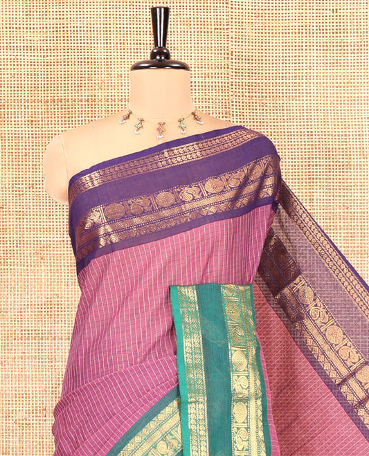 Pink Checked Chettinad Cotton Saree, Contrast Ganga-Jamuna Rettai Pettu Traditional Border, and Matching Blouse