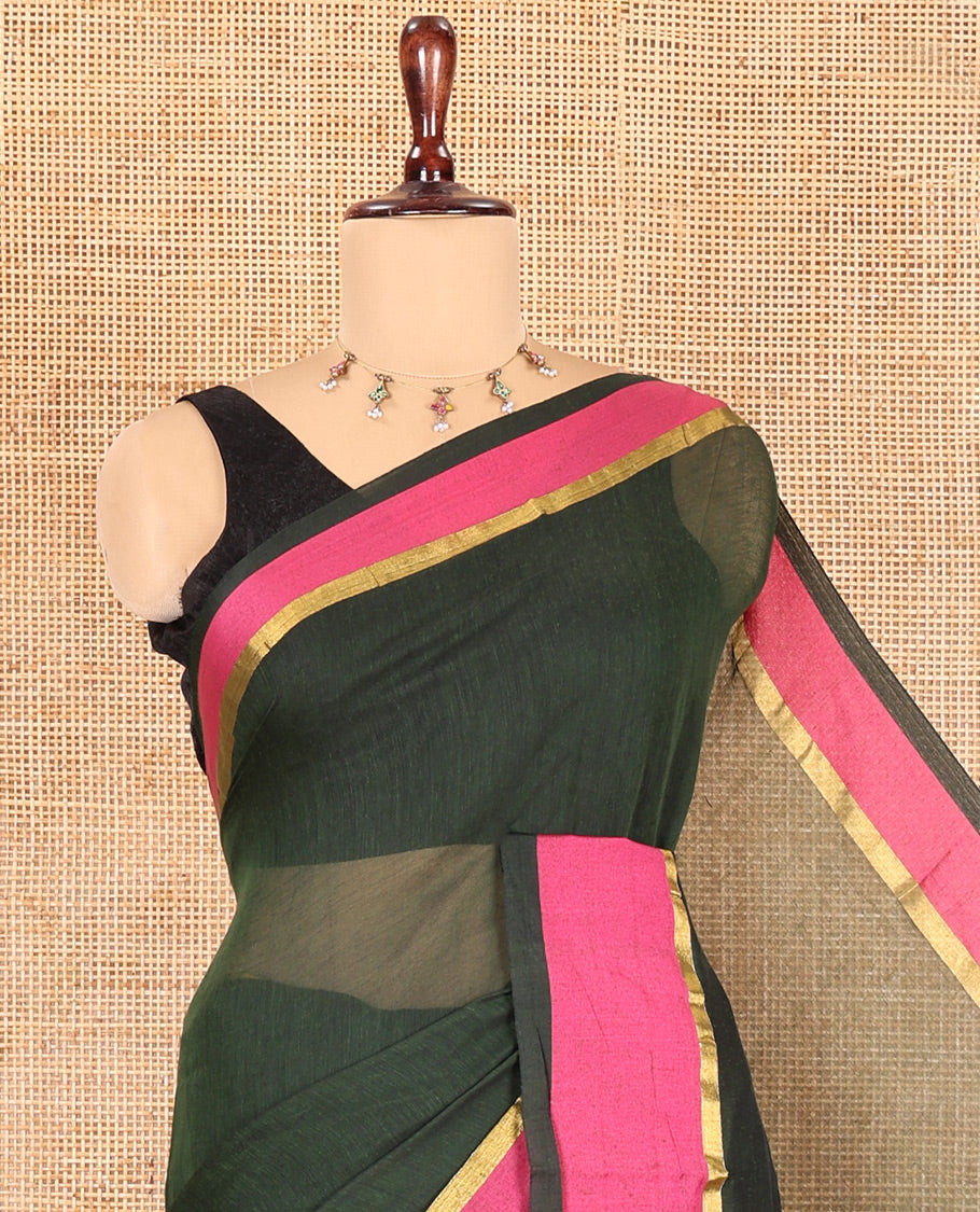 Green Plain Khadi Mul Cotton Saree, a Contrast Satin Plain Border, a Self-Pallu, and a Matching Blouse