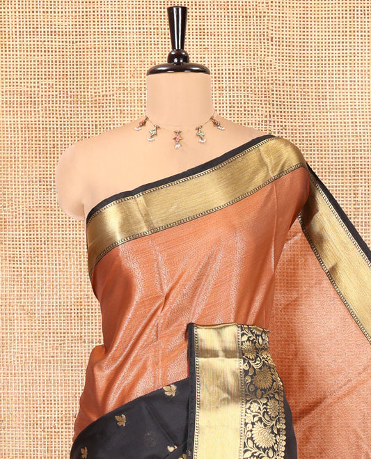 Rust-Black Semi-Katan Silk Saree Features Half-And-Half Style and Zari Buttas, Traditional Border, and Matching Blouse