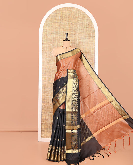 Rust-Black Semi-Katan Silk Saree Features Half-And-Half Style and Zari Buttas, Traditional Border, and Matching Blouse