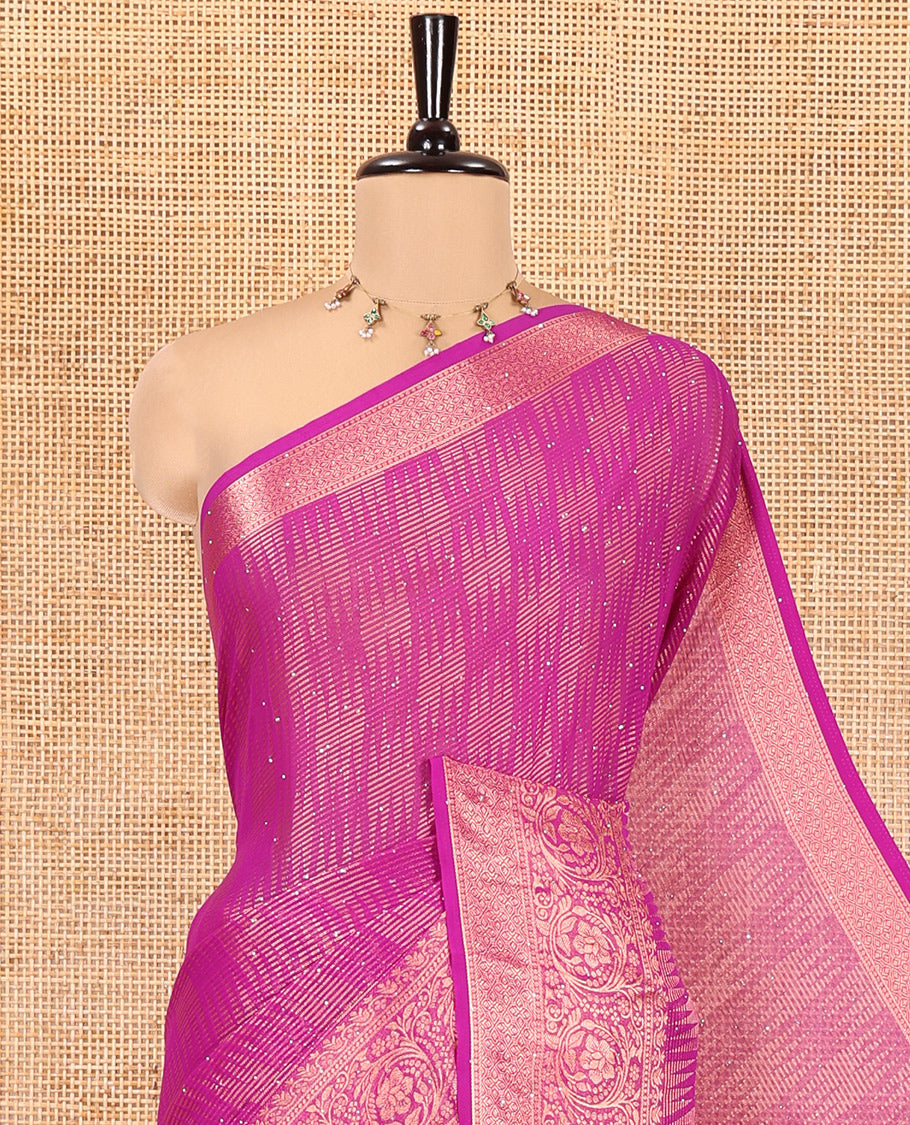 Royal Purple Chiffon Saree, Richly Designed with Ikat-Style Weave and Stonework, a Traditional Border, a Floral Design Pallu, and a Matching Blouse