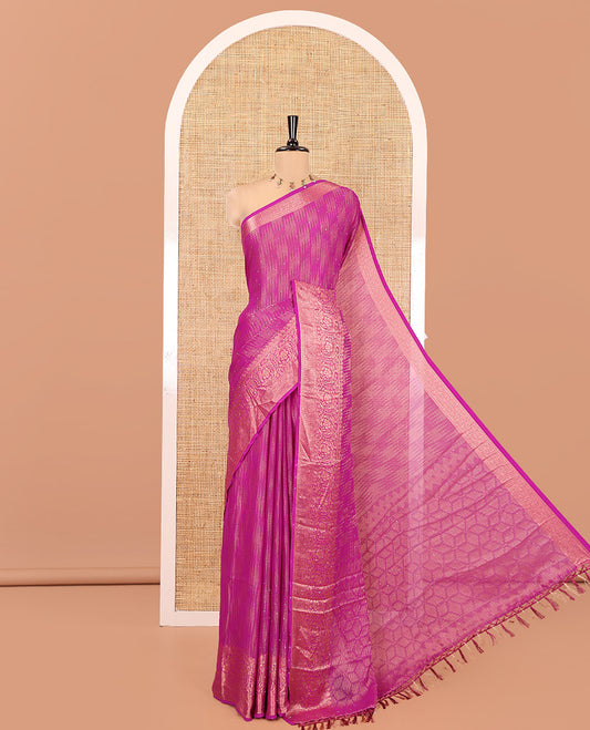Royal Purple Chiffon Saree, Richly Designed with Ikat-Style Weave and Stonework, a Traditional Border, a Floral Design Pallu, and a Matching Blouse