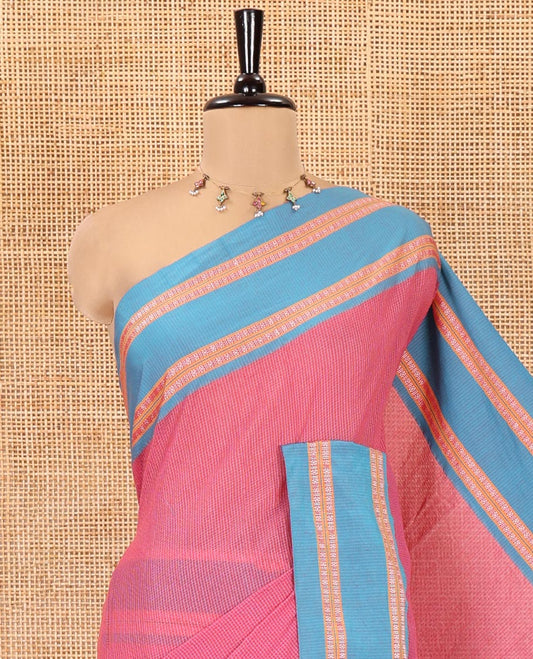 Pink Mercerised Cotton Saree, Subtly Sparkled with Checks, Contrast Rettai Pettu Border, Striped Pallu, and Matching Blouse