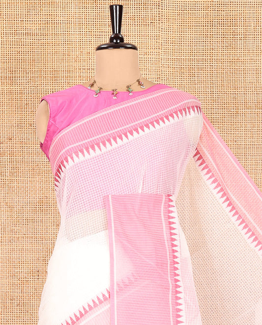 White Kota Chex Saree with Sparse Checks, Complemented by a Contrast Temple Border, Striped Pallu, and a Contrast Blouse
