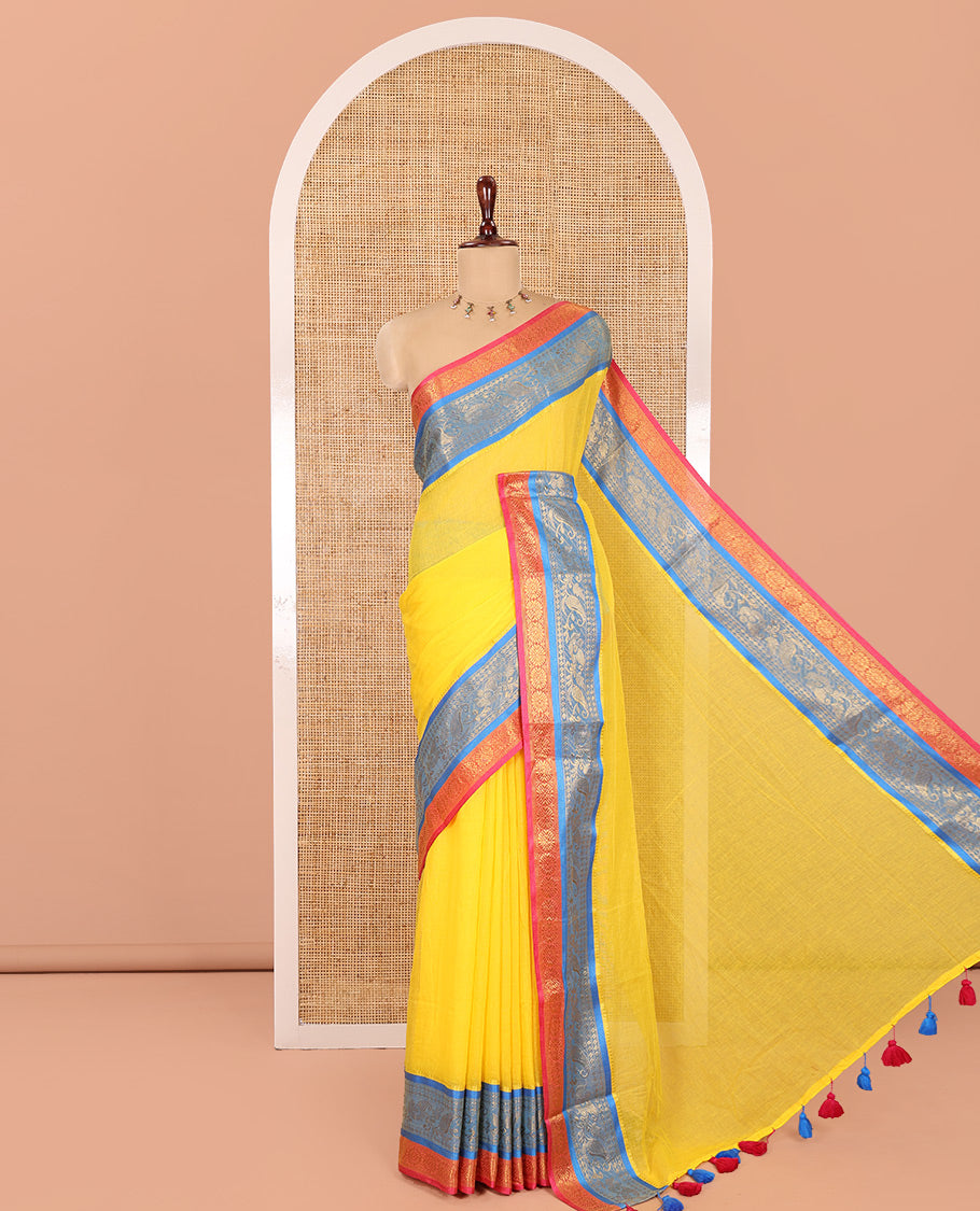 Yellow Plain Khadi Mul Cotton Saree, Complemented by a Contrast Traditional Zari Border, Plain Pallu, and No Blouse