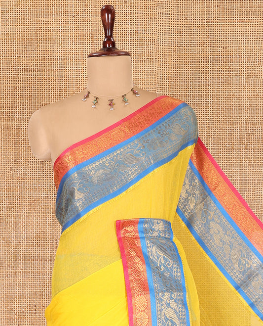 Yellow Plain Khadi Mul Cotton Saree, Complemented by a Contrast Traditional Zari Border, Plain Pallu, and No Blouse