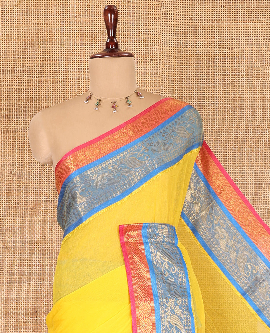 Yellow Plain Khadi Mul Cotton Saree, Complemented by a Contrast Traditional Zari Border, Plain Pallu, and No Blouse