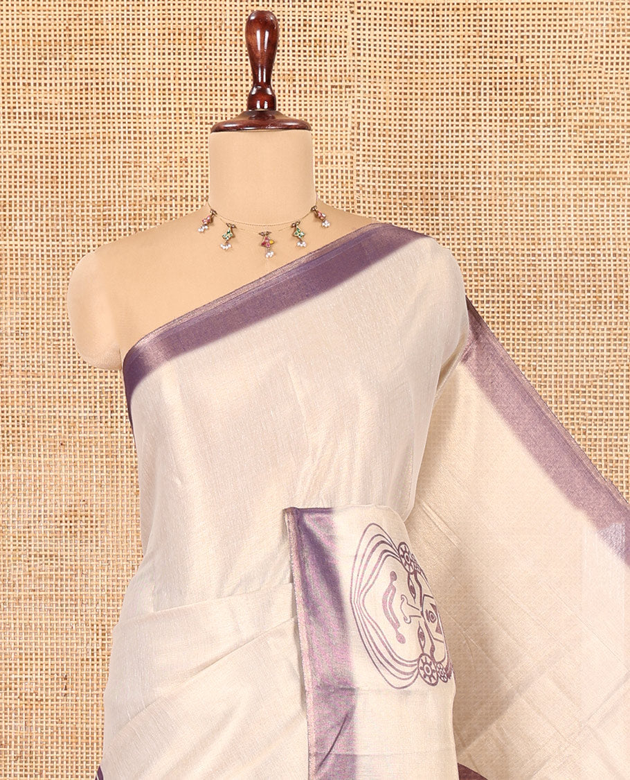 Gold Tissue Saree, Features Kathakali Motifs Print, a Contrast Border and a Contrast Blouse