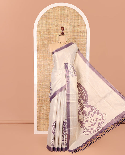 Gold Tissue Saree, Features Kathakali Motifs Print, a Contrast Border and a Contrast Blouse
