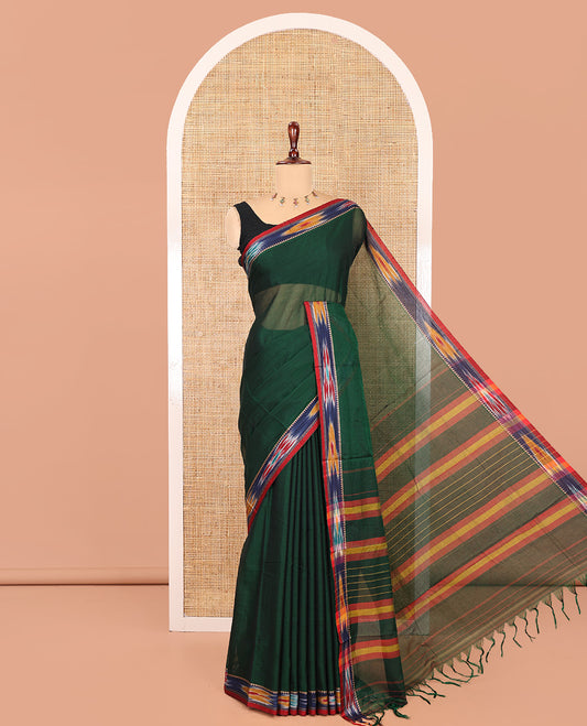 Green Plain Mercerised Cotton Saree, a Contrast Ikat Border, an Ikat Weave Pallu, and a Matching Blouse