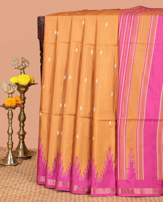 Mustard Kathan Silk Saree Adorned with Buttas, Contrast Temple Border, Temple pallu, and Striped Blouse