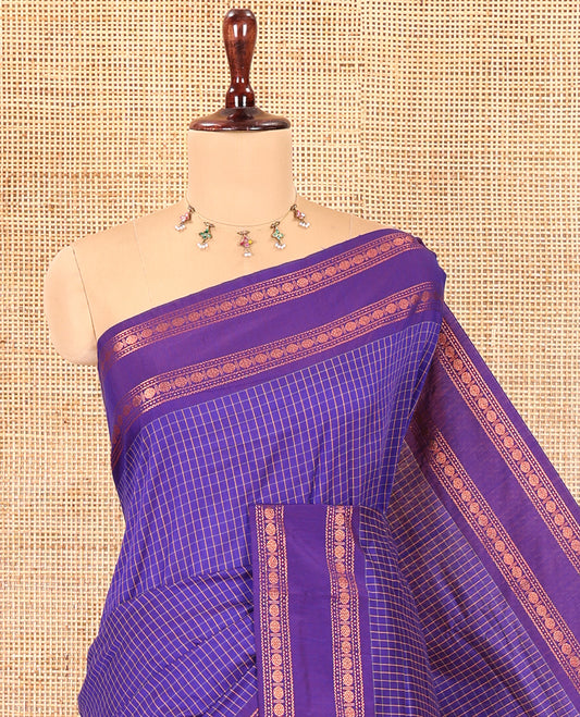 Royal Blue Checked Kalyani Cotton Saree, Contrast Rettai Pettu Rudraksham Border and a Matching Blouse