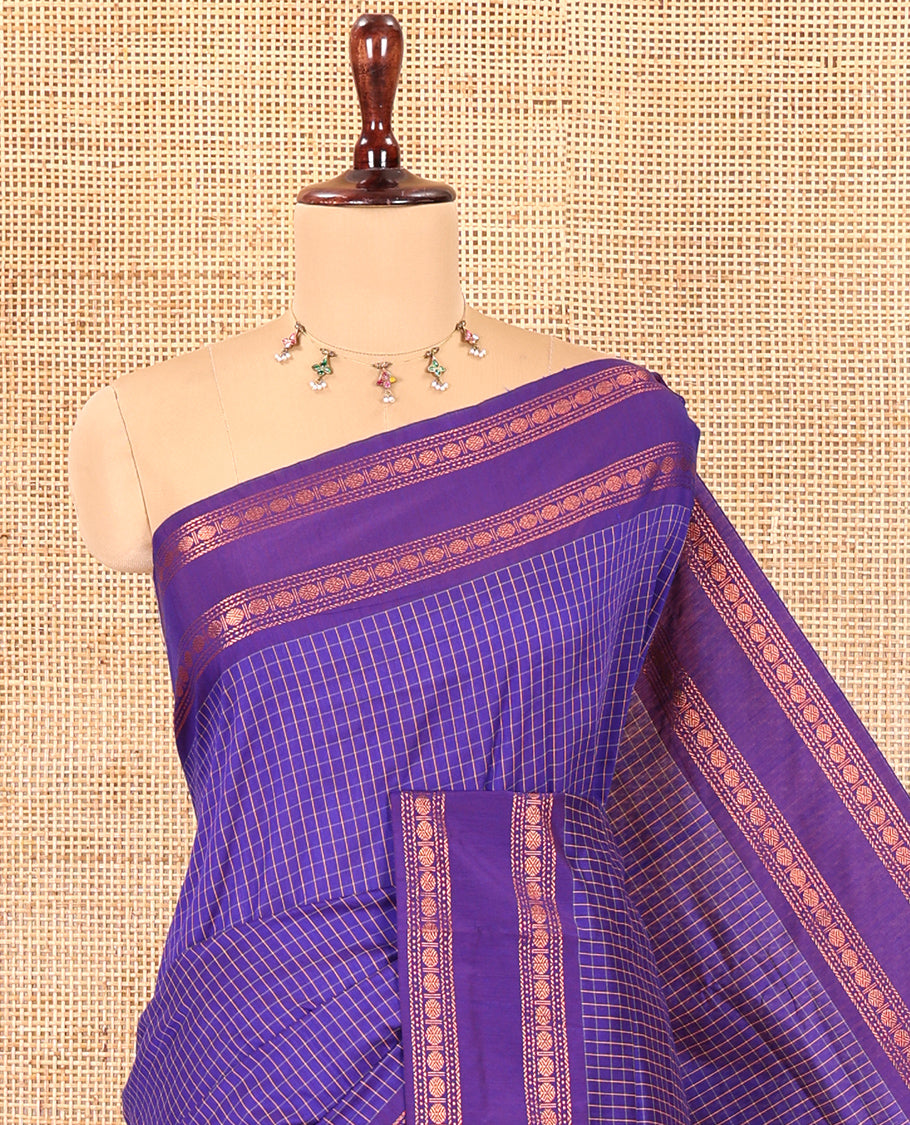 Royal Blue Checked Kalyani Cotton Saree, Contrast Rettai Pettu Rudraksham Border and a Matching Blouse