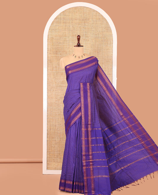 Royal Blue Checked Kalyani Cotton Saree, Contrast Rettai Pettu Rudraksham Border and a Matching Blouse