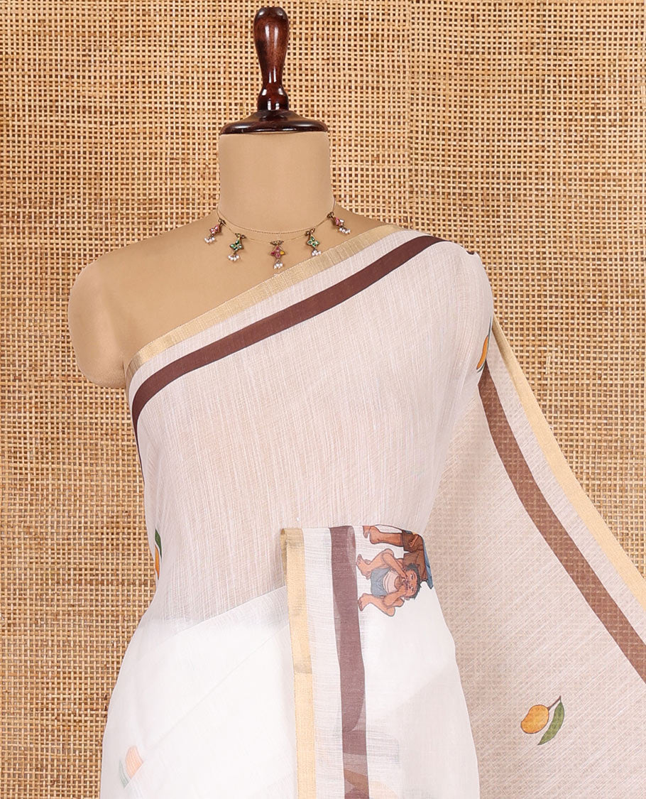 White Linen Cotton Saree Features a Children Harvesting Mangoes-Themed Print, Zari-Printed Border, Contrast Blouse