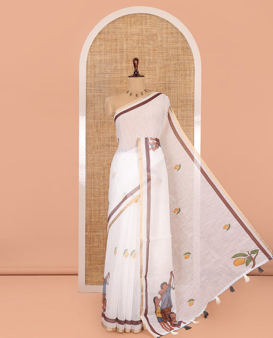 White Linen Cotton Saree Features a Children Harvesting Mangoes-Themed Print, Zari-Printed Border, Contrast Blouse