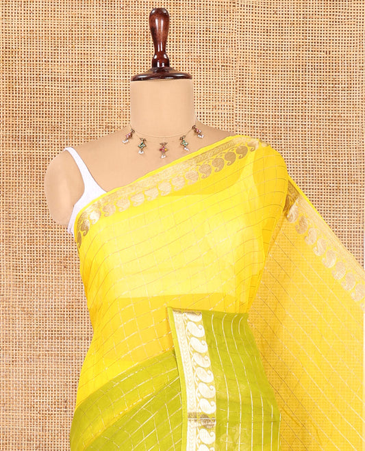 Yellow-Green Chiffon Saree, Accentuated with Dual-Dyed and Zari Checks, Paisley Border, Striped Pallu, Contrast Blouse