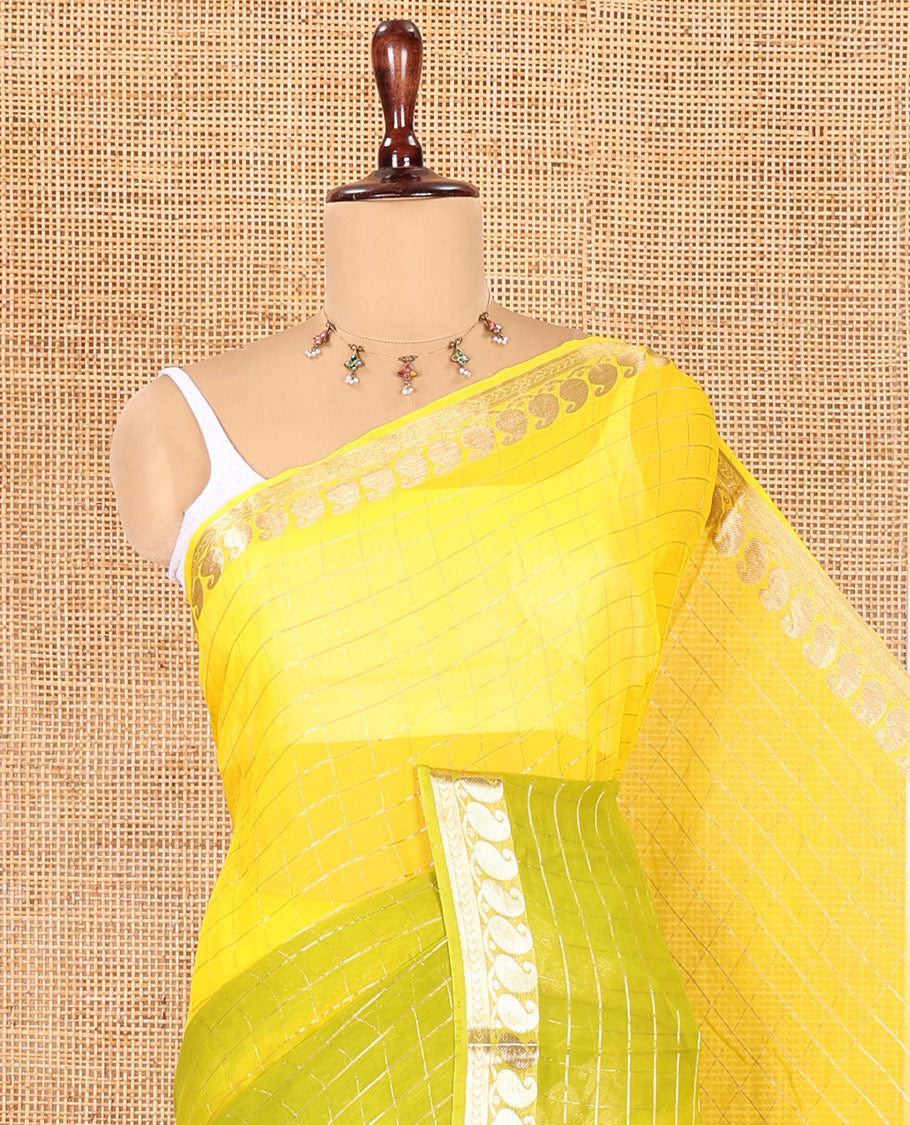 Yellow-Green Chiffon Saree, Accentuated with Dual-Dyed and Zari Checks, Paisley Border, Striped Pallu, Contrast Blouse