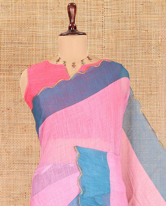 Baby Pink Plain Linen Cotton Saree, Contrast Plain Scallop Border, a Self-Pallu, and Contrast Kalamkari Printed Blouse