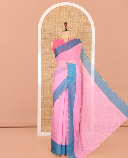 Baby Pink Plain Linen Cotton Saree, Contrast Plain Scallop Border, a Self-Pallu, and Contrast Kalamkari Printed Blouse