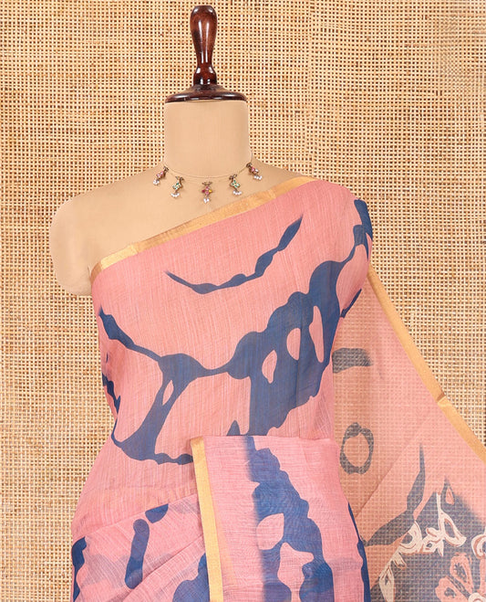 Onion Pink Linen Cotton Saree, Adorned with Shibori Print, Gold Piping Border, Contrast Floral Printed Pallu, and Contrast Floral Printed Blouse