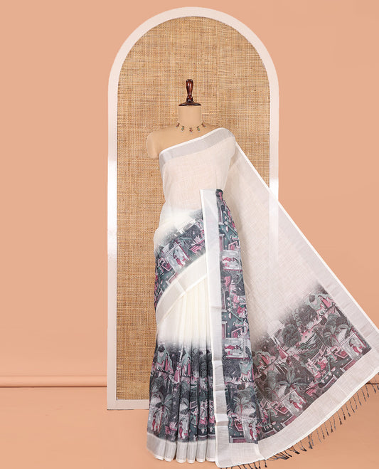 Cream-Pink Linen Cotton Saree Features Plain and Mughal-Style Print, a Zari Border, Printed Pallu, and a Contrast Blouse