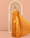 Mustard Zari Checked Sungudi Cotton Saree, Highlighted by Peacock Zari Border, and a Contrast Blouse