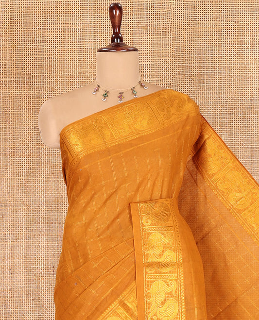 Mustard Zari Checked Sungudi Cotton Saree, Highlighted by Peacock Zari Border, and a Contrast Blouse
