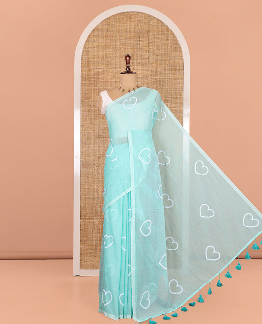 Borderless Sea Green Khadi Mul Cotton Saree, Steeped with Heart Motifs Print, and No Blouse