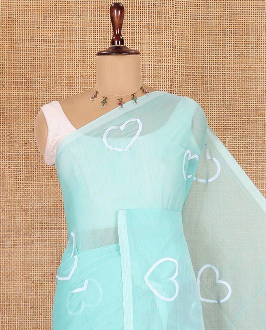 Borderless Sea Green Khadi Mul Cotton Saree, Steeped with Heart Motifs Print, and No Blouse