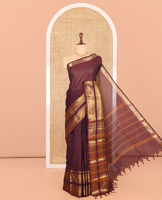 Coffee Brown Plain Chettinad Cotton Saree, Highlighted by Rettai Pettu Peacock-Elephant Border, a Matching Blouse