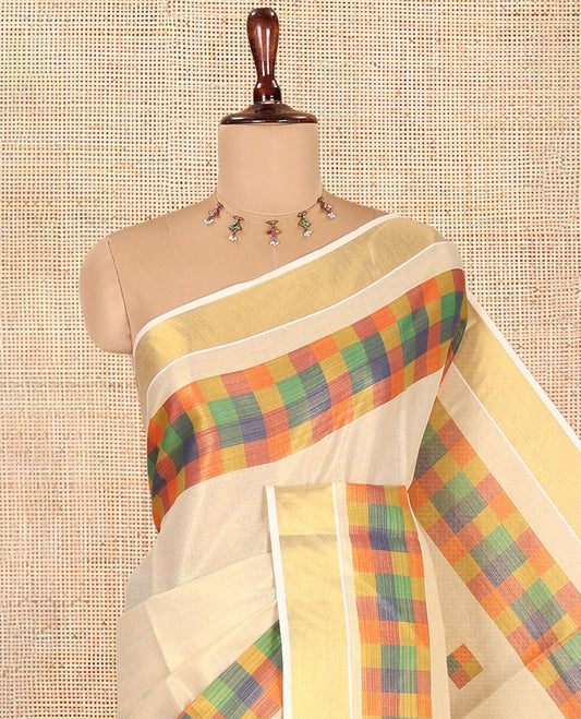 Gold-Mehendi Kerala Tissue Cotton Saree Features Madras Checked Buttas, a Zari Checked Border, and a Contrast Blouse