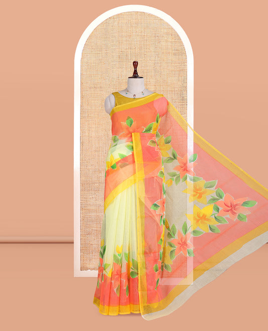 Yellow Kota Doria Saree, Adorned with 6-Petal Floral Print, a Contrast Border, and a Matching Blouse