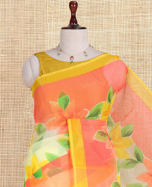 Yellow Kota Doria Saree, Adorned with 6-Petal Floral Print, a Contrast Border, and a Matching Blouse