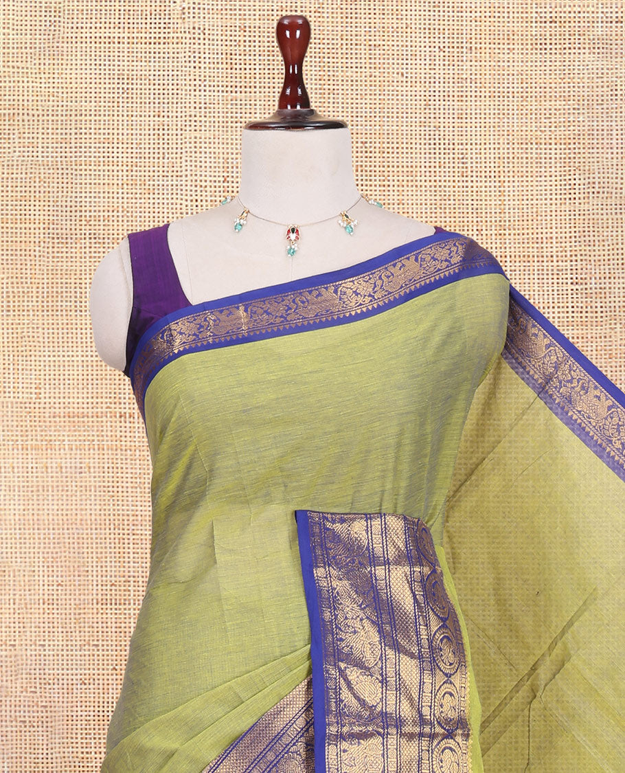 Elachi Green Plain Chettinad Cotton Saree, Complemented by a Contrast Traditional Zari Peacock-Elephant Border, a Matching Blouse