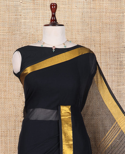Black Plain Khadi Mul Cotton Saree, a Gold Zari Border, Sequins Striped Pallu, and a Matching Blouse