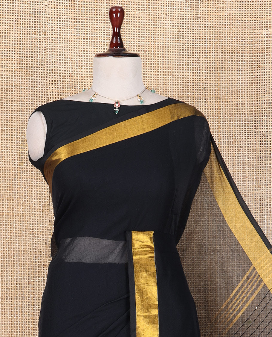 Black Plain Khadi Mul Cotton Saree, a Gold Zari Border, Sequins Striped Pallu, and a Matching Blouse