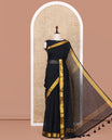 Black Plain Khadi Mul Cotton Saree, a Gold Zari Border, Sequins Striped Pallu, and a Matching Blouse