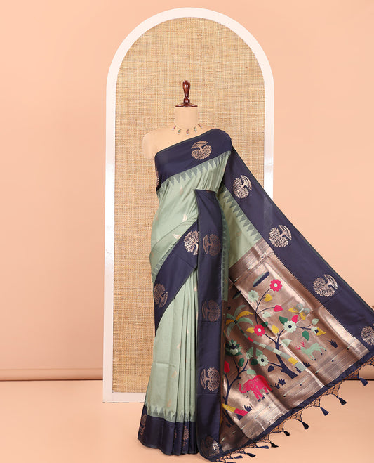 Elaichi Elite Soft Silk Saree, Decorated with Zari Buttas, a Contrast Tree Motifs Temple Border, Paithani-Style Woven Pallu, a Contrast Blouse