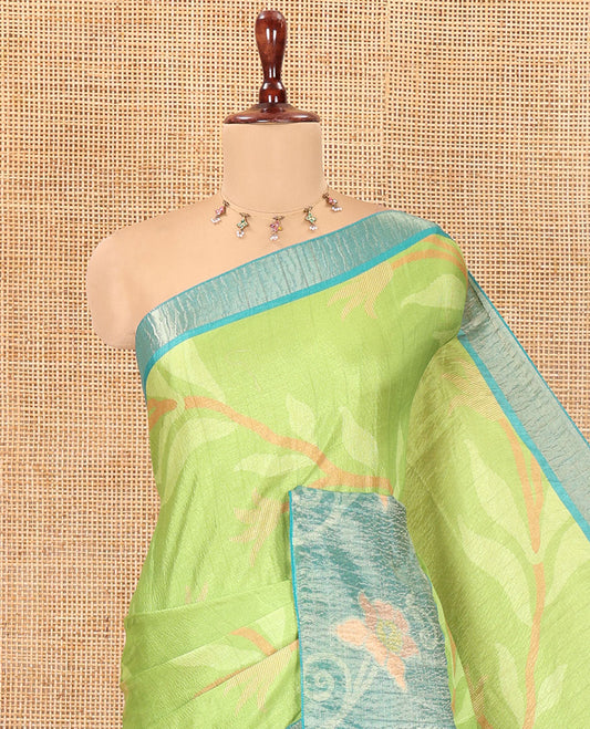 Parrot Green Manipuri Silk Saree, Detailed with Pochampally-Style Floral Vine, a Contrast Floral Creeper Border, Floral Pallu, a Contrast Blouse