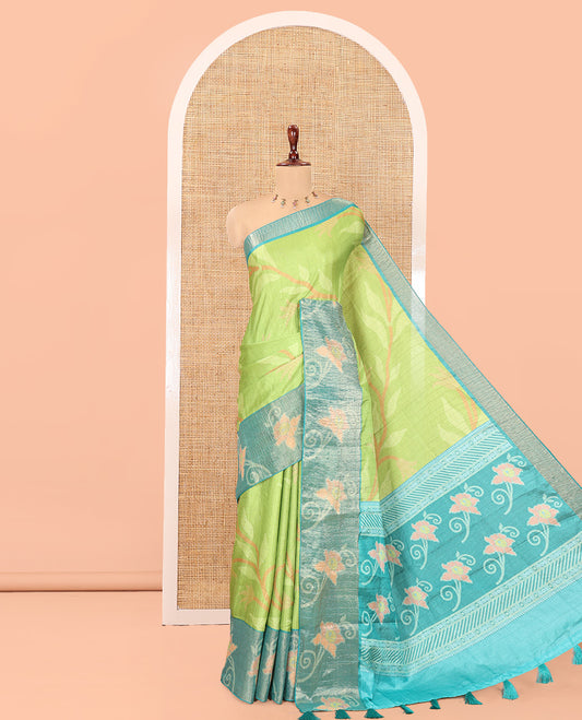 Parrot Green Manipuri Silk Saree, Detailed with Pochampally-Style Floral Vine, a Contrast Floral Creeper Border, Floral Pallu, a Contrast Blouse