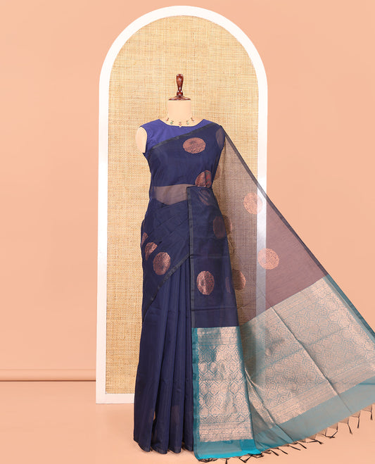 Borderless Navy Semi-Silk Cotton Saree Accentuated with Circle Zari Buttas, a Contrast Intricate Pallu, and a Contrast Blouse